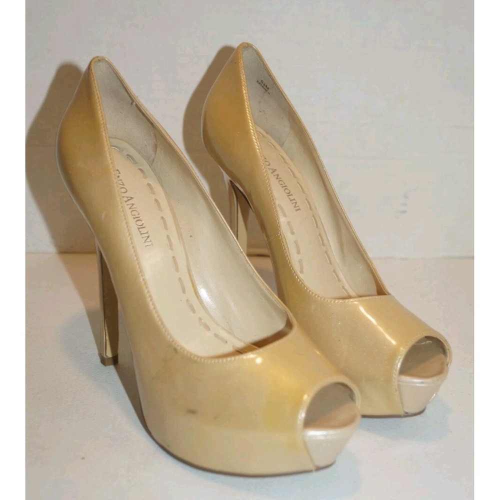 Enzo Angelini Women's Platform Pump Shoes Peep Toe Tan Patent Leather Size 6.5